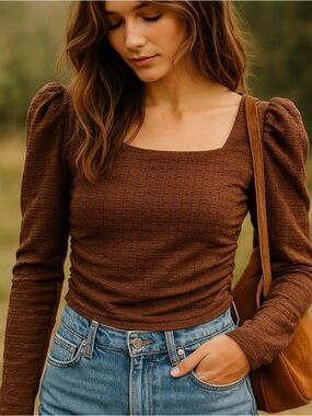 ASTR The Label Brown Puff Shoulder Long Sleeve Top
